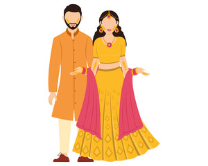 indian couple on haldi ceremony indian bride and groom on haldi mehendi sangeet function vector illustration