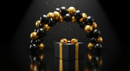 Elegant balloon arch celebrations with gift boxes and glittering confetti