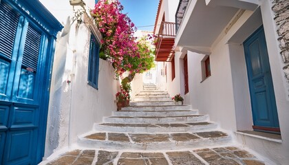 Fototapeta premium stairs in the narrow street of neorio town on poros island greece summer background