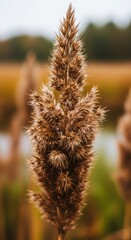 Close-up view of a ripe wheat stalk with grains ready for harvest in a golden field outdoors