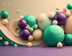 abstract plastic spheres bubbles and blobs beige green purple isolated on a flat background abstract scene copy space generative ai