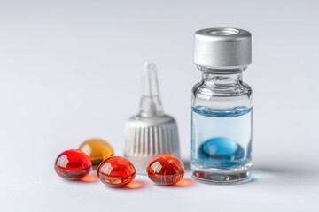 Medical Treatment Clear Glass Vials Soft Gel Capsules Medical Supplies Pharmaceuticals Health Care Concept Alternative Medication Remedy Pharmaceutical Industry and Science Isolated on White