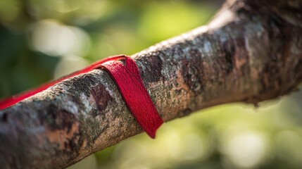 tied. Red silk ribbon tied around an old tree branch, close-up on textured bark. gardening catalogs, home-decor guides, designed for gardening and botanical catalogs.