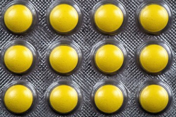 Yellow Pills in Silver Blister Pack: Close Up of Pharmaceutical Medication, Remedy for Health, Vitamins and Dietary Supplements on Textured Backdrop, Focus on Prescription Drugs