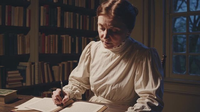 A vintage-style video scene shows a woman writing by candlelight at a wooden desk. The side angle captures a cozy, nostalgic library setting.