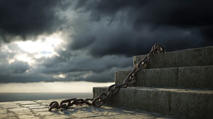 shackles. Broken metal chains on stone steps under dramatic lighting. wellbeing guides, coaching materials, designed for coaching and self-improvement content, supports wellbeing.