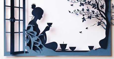 Silhouette depicts woman enjoying tea near window. Delicate papercut style creates peaceful scene with floral elements. Minimalist design.