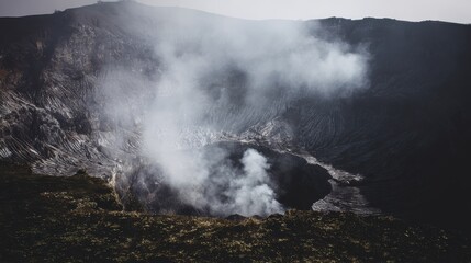 fumarole. Volcanic crater emitting white smoke against a rocky landscape. ESG reports, sustainability campaigns, designed for environmental awareness campaigns, used by sports marketers.