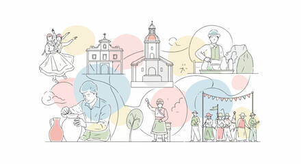 Flat line art illustration showcasing European cultural heritage, folk traditions, artisan crafts, and a vibrant community festival