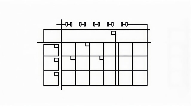 Black and white line drawing of a grid-like calendar/planner with labeled sections