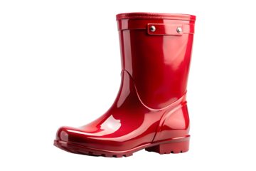 A single shiny red rubber rain boot with buckle detail standing upright isolated on transparent background