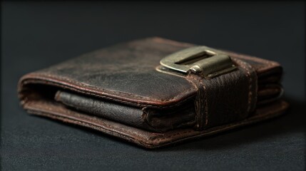 blimp. Closed worn leather wallet with secure metal clasp on dark background. lifestyle magazines, social media lookbooks, designed for lifestyle magazines and social media content.