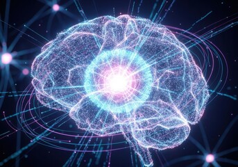 Obraz premium Digital human brain glowing with neural network connections. Artificial intelligence, AI technology, thought process, innovation concept.