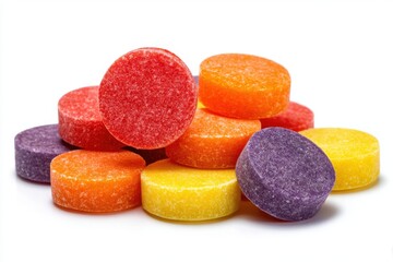 Pile of Candies Macro Photography: Colorful Stacked Hard Candies, Delicious Sweet Confections, Tempting Sugar Treats on White Background, Yummy Assorted Flavors