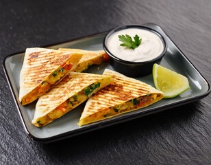 toasted quesadilla wedges stuffed with gooey cheese chicken and vegetables plated on a rectangular dish alongside a creamy herb infused dip