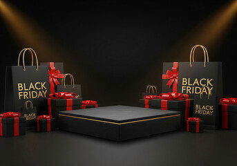 Black gift box with red ribbon isolated on black background with square podium display mockup Black Friday.