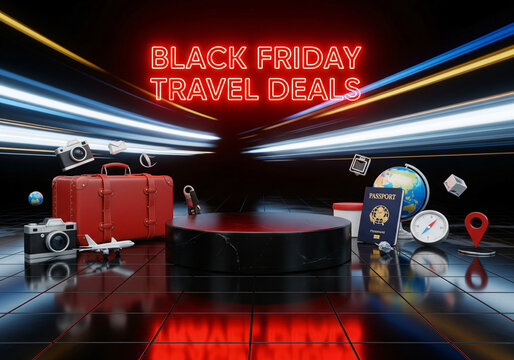 A futuristic black podium surrounded by travel-related items and glowing neon celebration paper with a cool "Black Friday" sign floating above.
