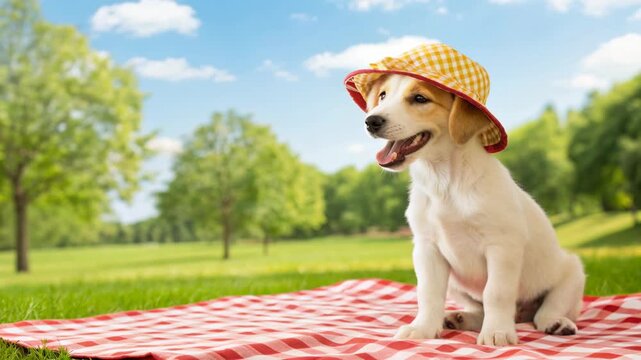 Cute puppy wearing yellow gingham sun hat sits red picnic blanket sunny green park smiling contentedly warm summer day with grass and joyful outdoor