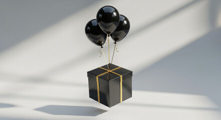 Black balloons with black gift boxes floating on white room background, curtains for Black Friday.
