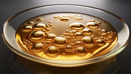 golden bubble laden liquid in a clear round dish under soft natural light