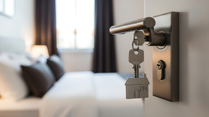 key in door lock with house charm. bedroom door with key in lock and small house key chain concept for real estate hotel rental