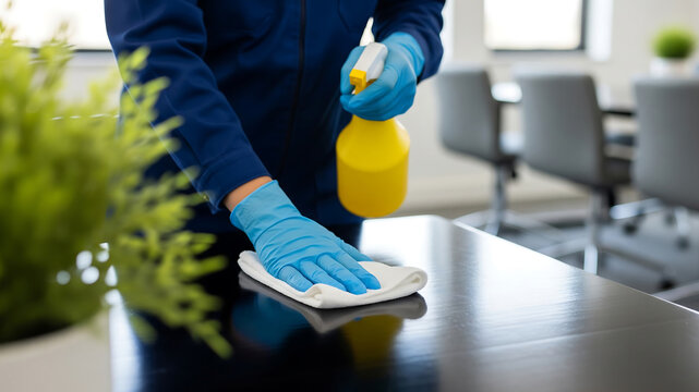person sanitising and cleaning office desk with disinfectant spray and wipe