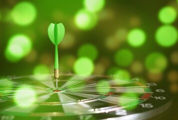A green dart hitting the bullseye on a dartboard, symbolizing accuracy, success, and achievement.