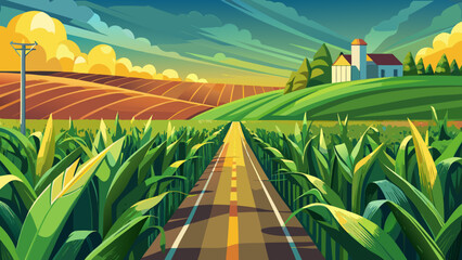 Very beautiful close-up view of a cornfield along Route 30 in Iowa, USA, showcasing lush green corn stalks, the rural roadside, and the rich agricultural landscape of the Midwest.