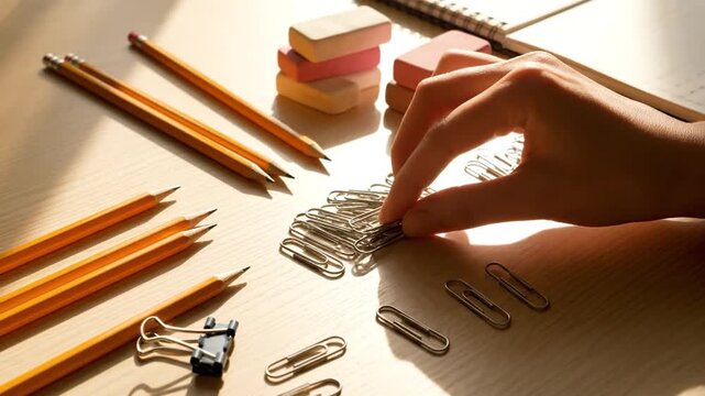 Close up of hand organizing office supplies on a wooden desk with pencils and erasers