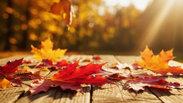 Autumn leaves on wooden surface with sunlight background nature and season theme