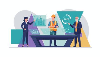 Professionals collaborating on urban development and future planning using advanced holographic data