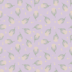 A seamless pattern of yellow tulips with sweet green stems and leaves. A light purple background decorated with yellow polka dots for textiles, sofas, tablecloths, handkerchiefs, wallpaper, book cover