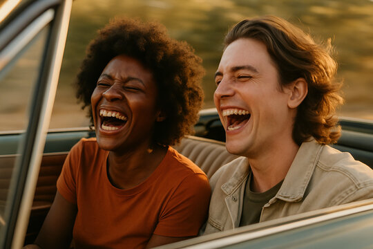 Fototapeta Authentic Photo of Two Friends Laughing Intensely in a Vintage Car