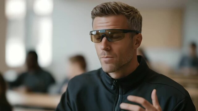 male educator demonstrating augmented reality physics simulation to class muted gasps interactive modern teaching cinematic color correction, gentle backlight, clean negative space, high quality
