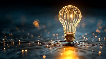 Glowing wireframe bulb on dark circuit board with bokeh lights, symbolizing innovation - Powered by Adobe