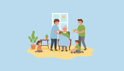 Intergenerational family caring for an elderly woman with support from a professional caregiver