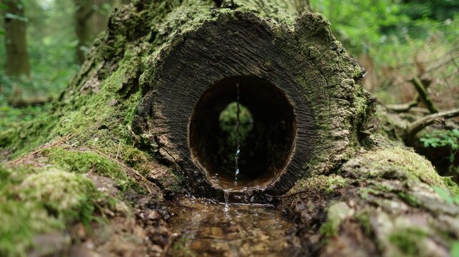 hollow. Hollow tree trunk collecting rainwater in a forest setting. ESG reports, sustainability campaigns, designed for sustainability communications and ESG reporting, drives climate awareness. - Powered by Adobe