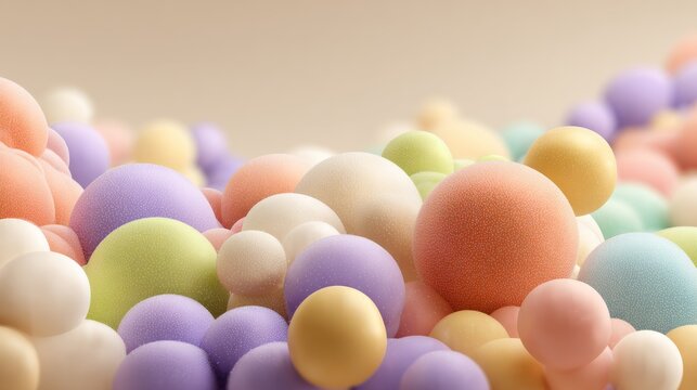 Close-up of softly textured, pastel-colored spheres, some clustered, others scattered, set against a blurred neutral backdrop