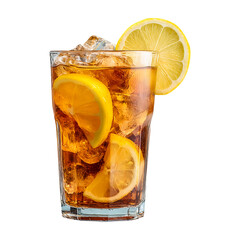 Lemon iced tea glass, isolated on white background, realistic, studio lighting, centered, no shadow, transparent background