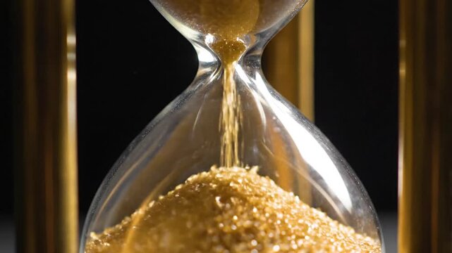 Close up of hourglass with golden sand flowing time concept detail business deadline concept of passing time