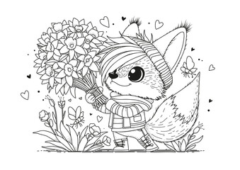 A cute fox walks holding a large bouquet of daffodils. This coloring page is for children and adults. Black and white illustration for coloring.