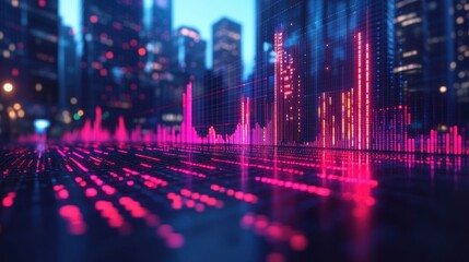 Futuristic city street with glowing data visualizations