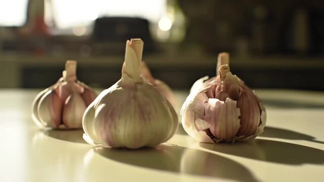 Fresh organic garlic bulbs on kitchen table under warm natural sunlight
