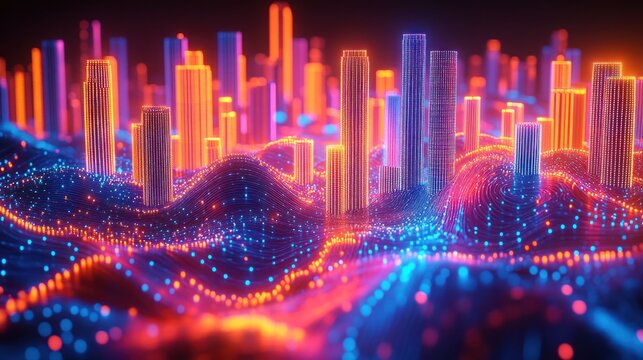 Futuristic city of glowing skyscrapers on a wavy, dotted landscape
