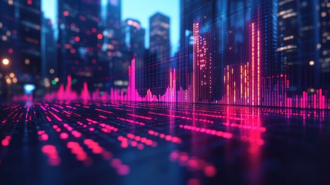 Futuristic city street with glowing data visualizations