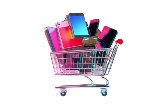 Online shopping cart filled with laptops, phones, and gadgets representing e-commerce, technology, and consumer convenience isolated on white background PNG