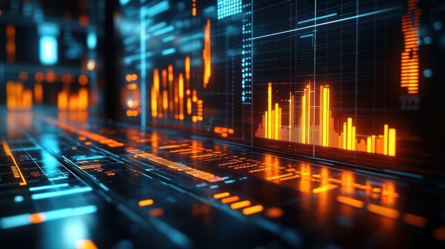 Futuristic data displays with glowing orange charts