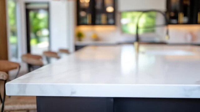 Modern kitchen island countertop close up with blurred background of bright home interior and green trees outside