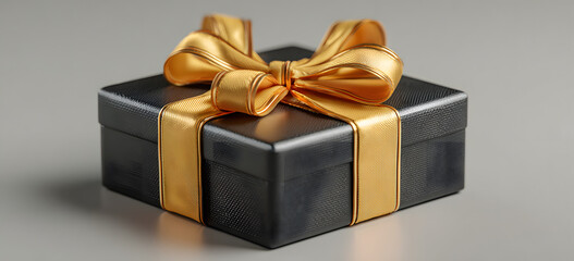 Minimal product background for Christmas, New year and sale event concept. Black gift box with golden ribbon bow on black background. 3d render illustration. Clipping path of each element included.