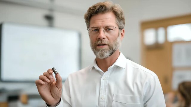 male physics teacher demonstrating magnetism experiment using interactive smartboard bright classroom curiosity cinematic color correction, gentle backlight, clean negative space, high quality